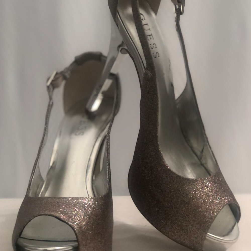 Sparkling Silver/Soft Pink Sexy Fun Open Toe Stilettos, Guess, 4.5" Heel, SZ 8